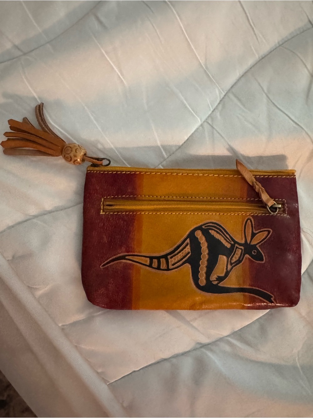 Hand-Painted Kangaroo Leather Wristlet - Burgundy & Mustard